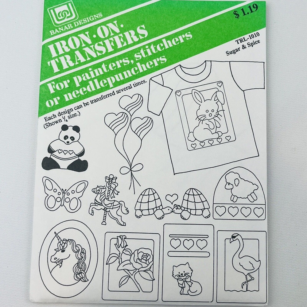 Vtg Banar Designs Sugar & Spice Iron Transfers 1990 Unicorn Panda Kitty Turtles